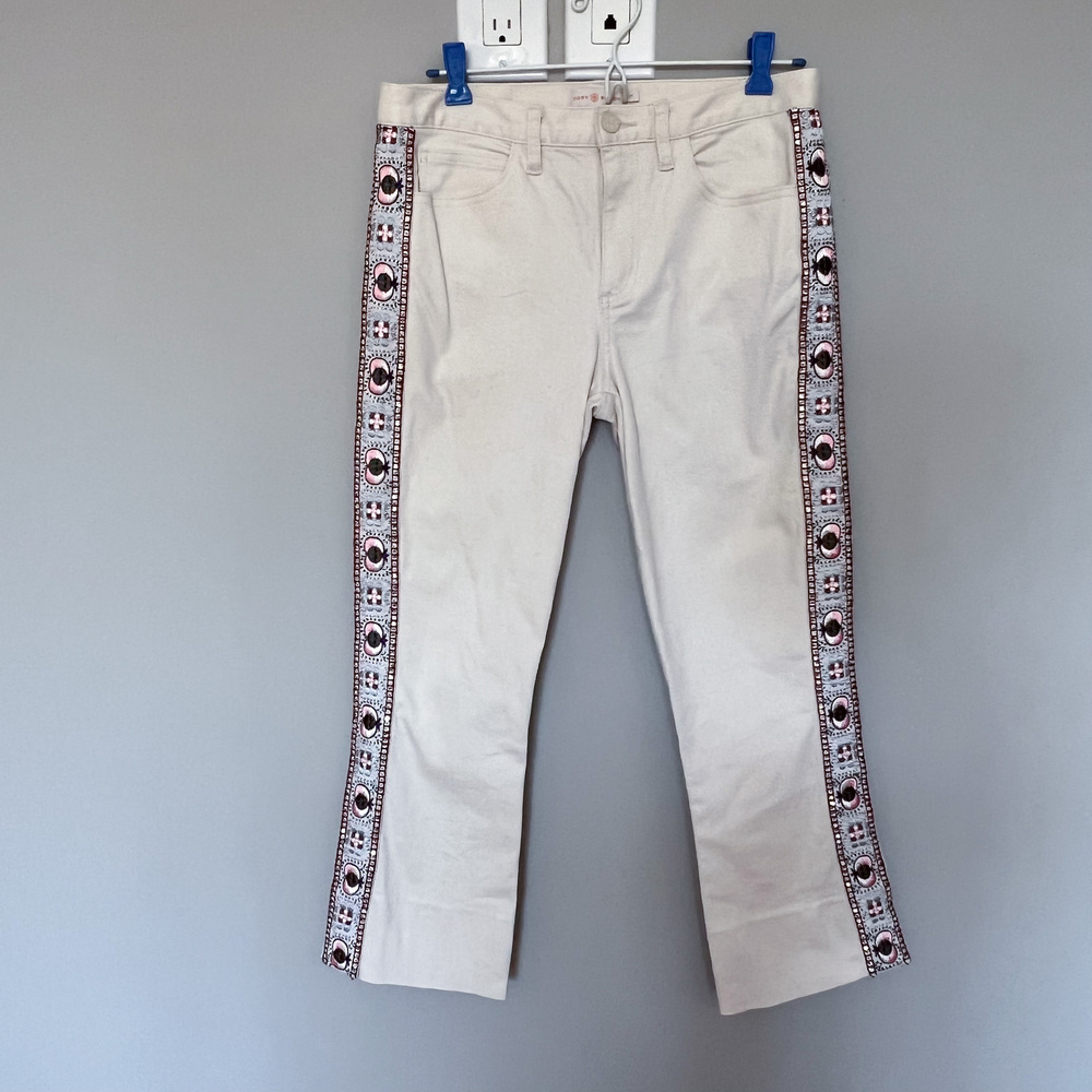 NEW Tory Burch Off White Cream Embroidered Side Stripe Crop Jeans Size 27